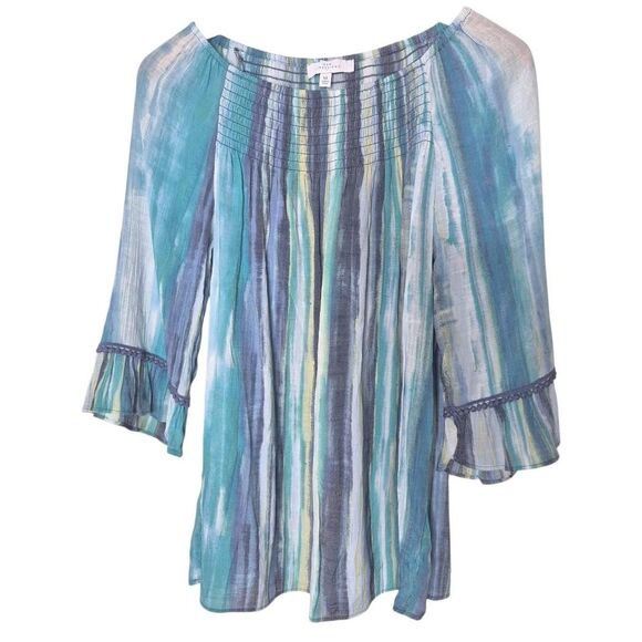 New Directions Blue Tie-dye Fairy Boho Blouse Ruffle Sleeve Size Medium - Picture 1 of 4